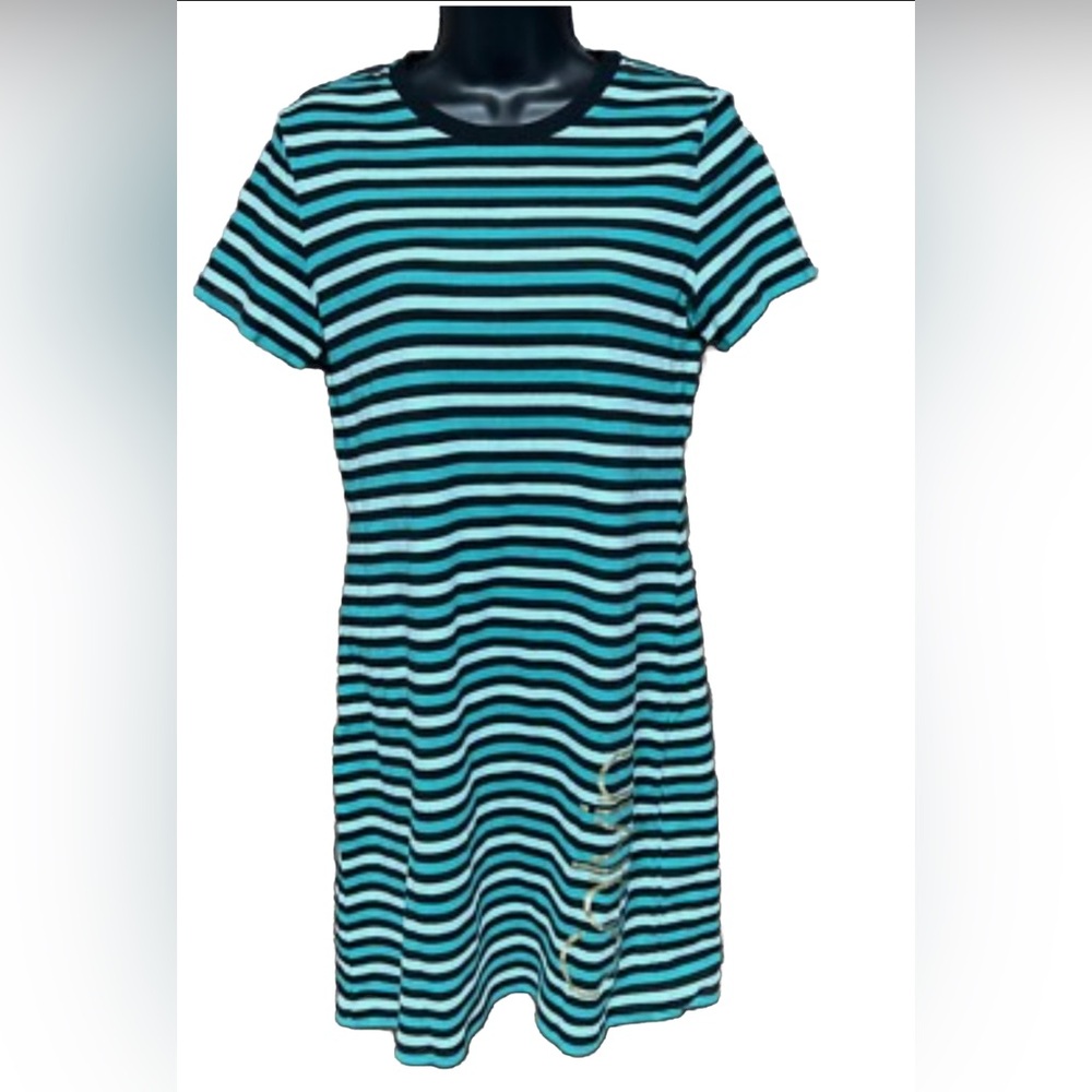 Calvin Klein Logo T Shirt Dress Women Small Stripe Short Sleeve Sporty Green Blk